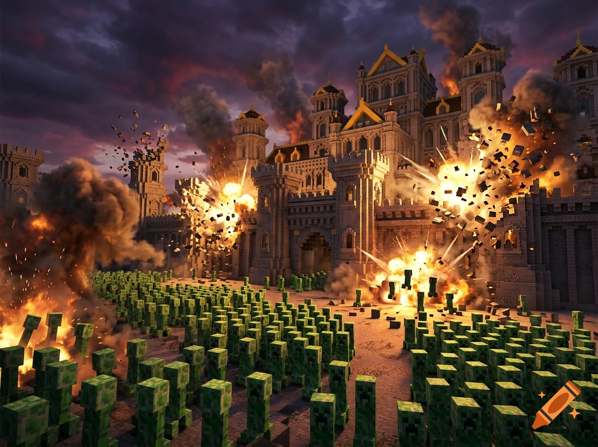 Photorealistic scene of a large horde of Minecraft creepers attacking and exploding a stone palace at sunset with smoke and fire.
