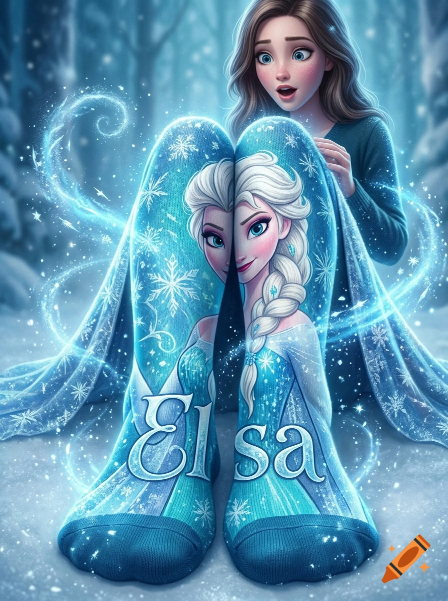 A woman looks down in amazement at her extremely long legs encased in blue Elsa-themed socks with the name Elsa written across them, digital art style.