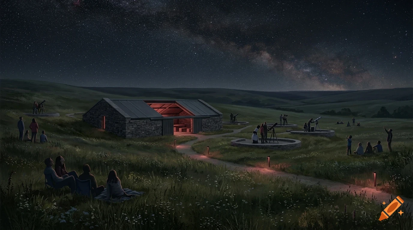 People stargazing in a grassy landscape at night under a starry sky with the Milky Way visible, near a stone building and telescopes.