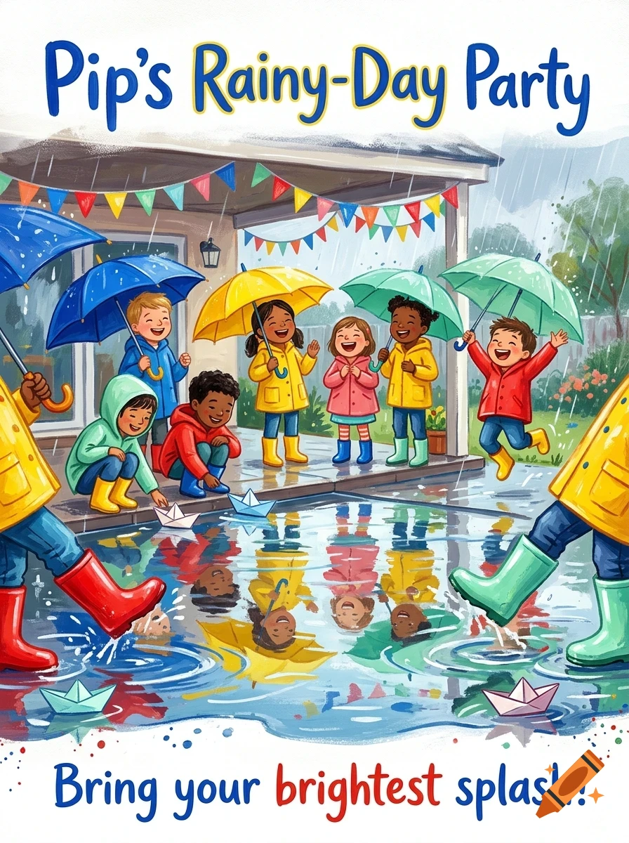 Children in raincoats and boots holding umbrellas and playing in puddles with paper boats during a rainy day party.