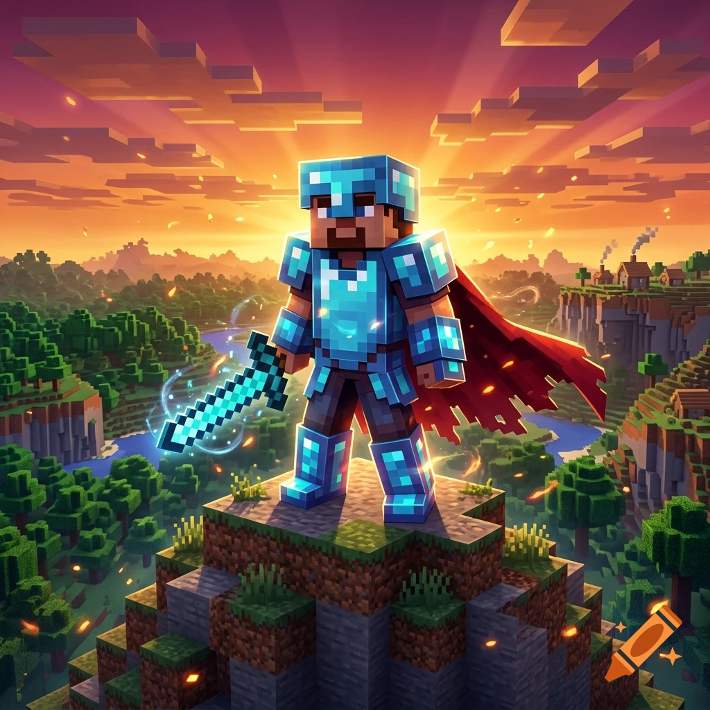 Minecraft character in diamond armor with a glowing sword and red cape standing on a blocky mountain at sunset.