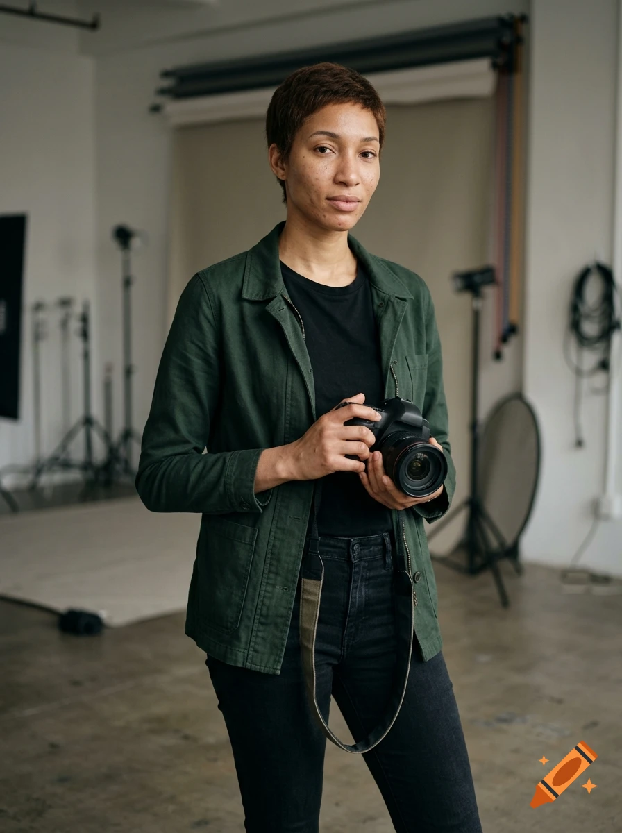 Photorealistic portrait of a woman with a pixie cut holding a camera in a photo studio.