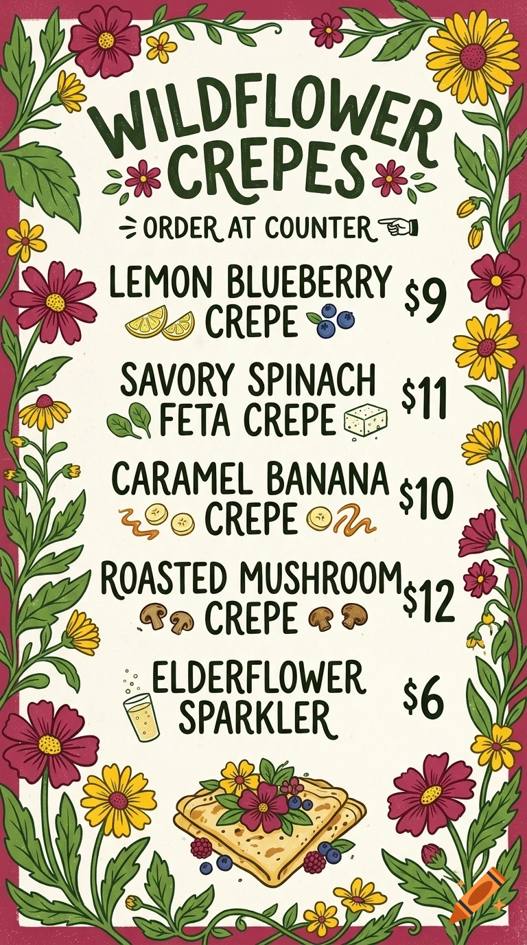 An illustrated menu for Wildflower Crepes with floral borders, listing various crepe options and prices, and a illustration of a crepe at the bottom.