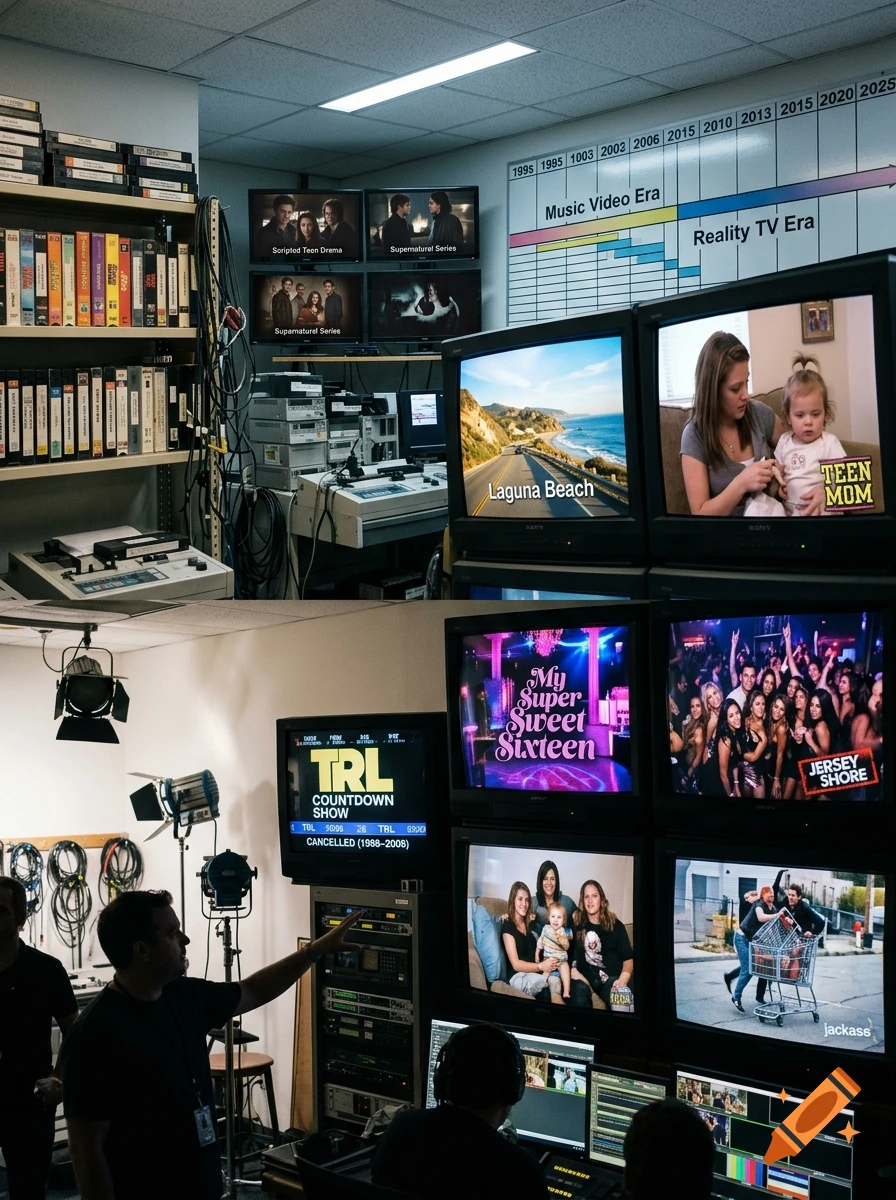 A television control room showing multiple monitors displaying various MTV shows like Laguna Beach, Jersey Shore, and TRL.