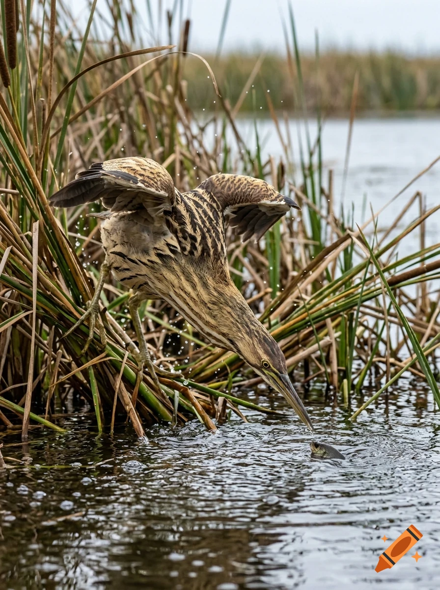 An American bittern bird lunges to catch a fish in shallow water among reeds.