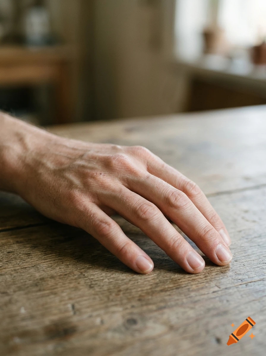 Close-up photorealistic shot of a human hand resting on a rustic wooden table.