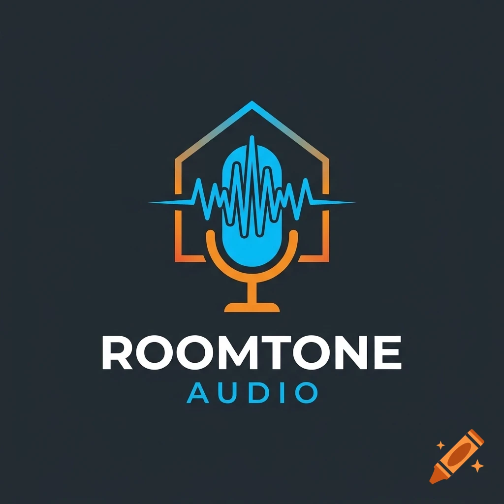 Logo featuring a microphone inside a house outline with a sound wave and the text 'ROOMTONE AUDIO'.