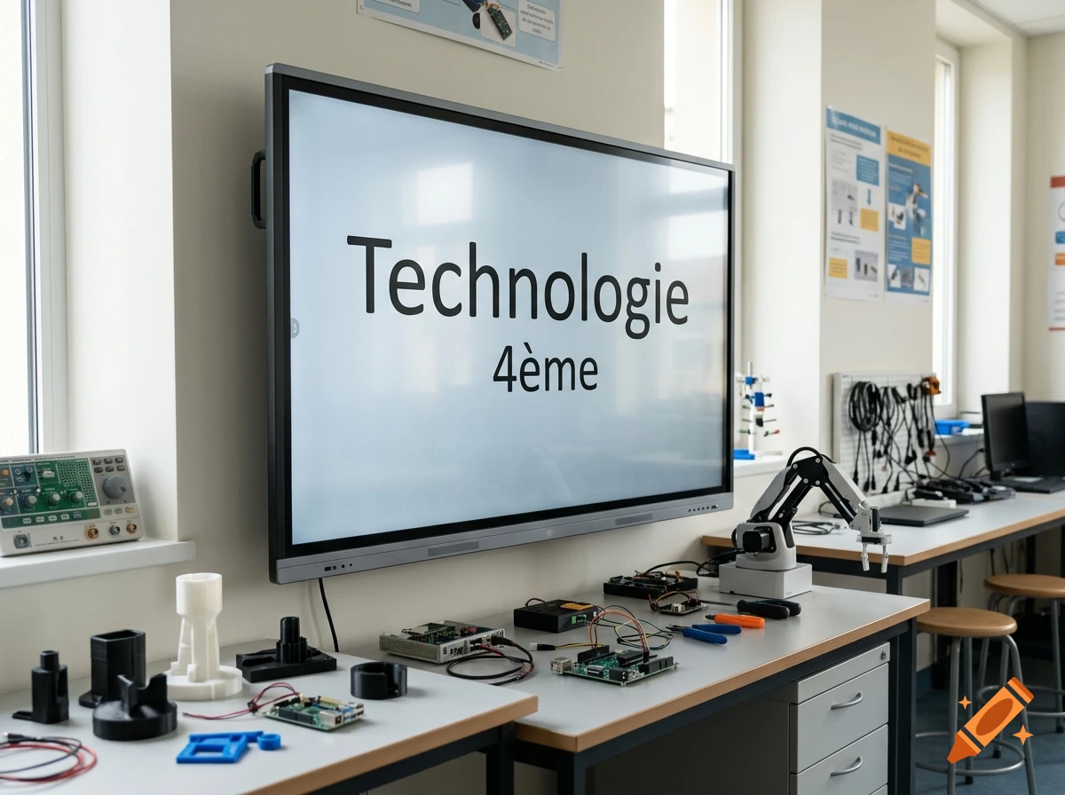 Photorealistic classroom with electronic equipment on tables and a large screen displaying 'Technologie 4ème'.