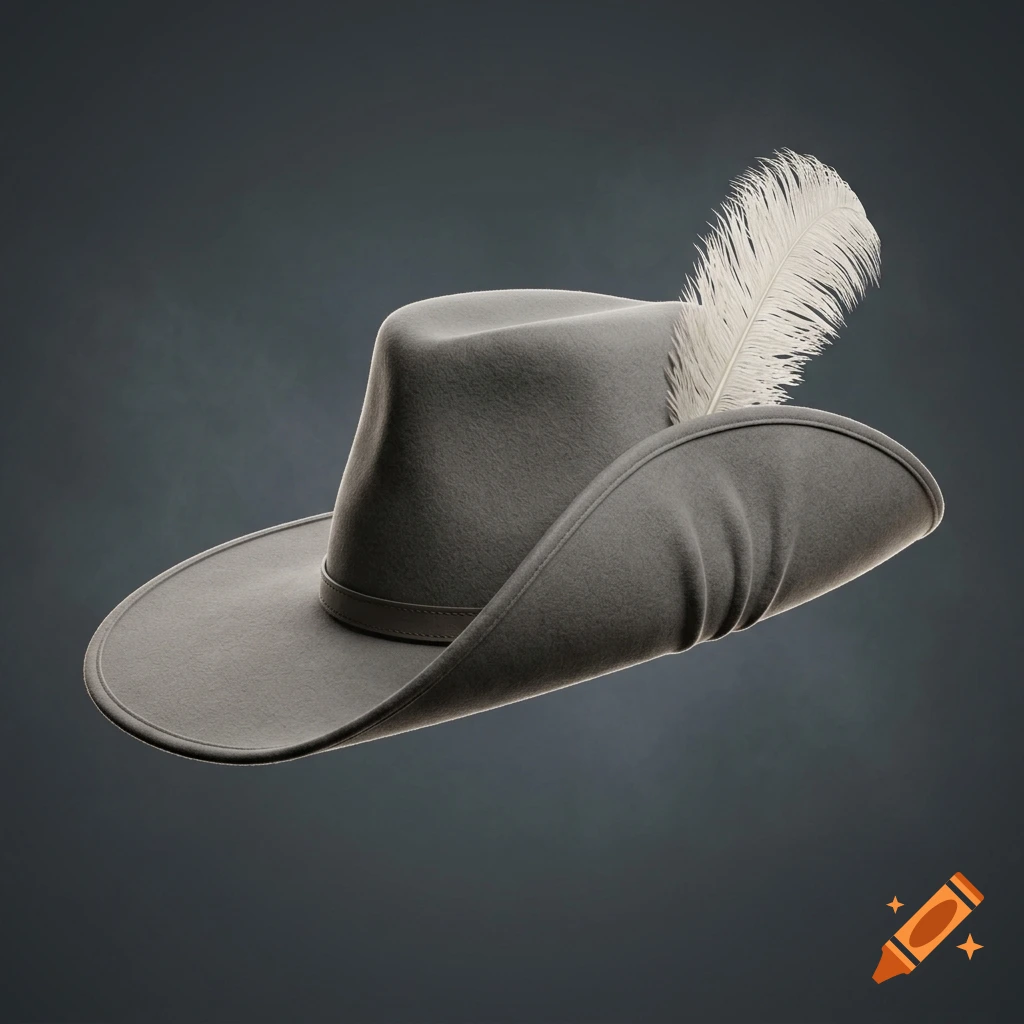 Photorealistic 17th-century Spanish Tercios gray felt chambergo hat with a folded brim and a white ostrich feather, against a dark background.