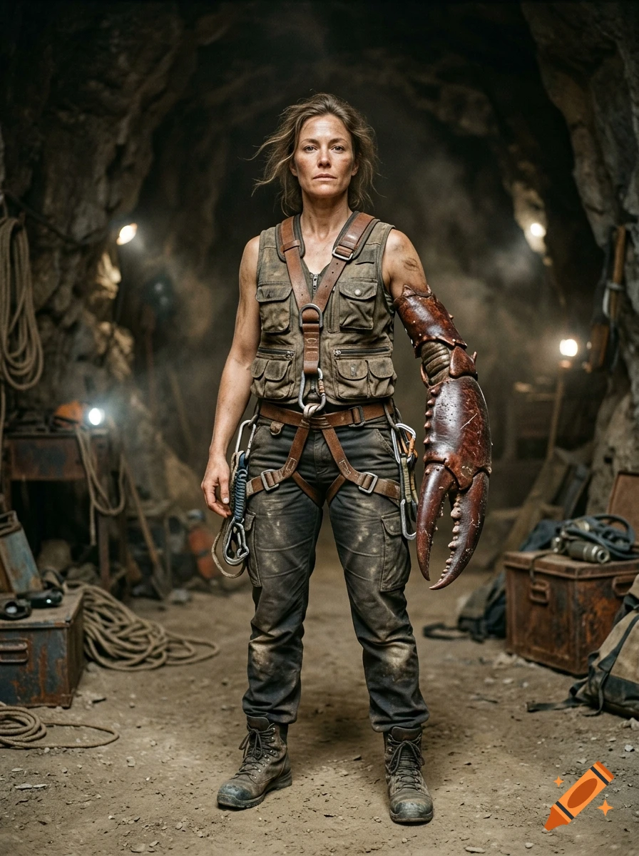 Photorealistic image of a female mutant adventurer standing in a cave, wearing tactical gear and a large crustacean pincer for a left arm.