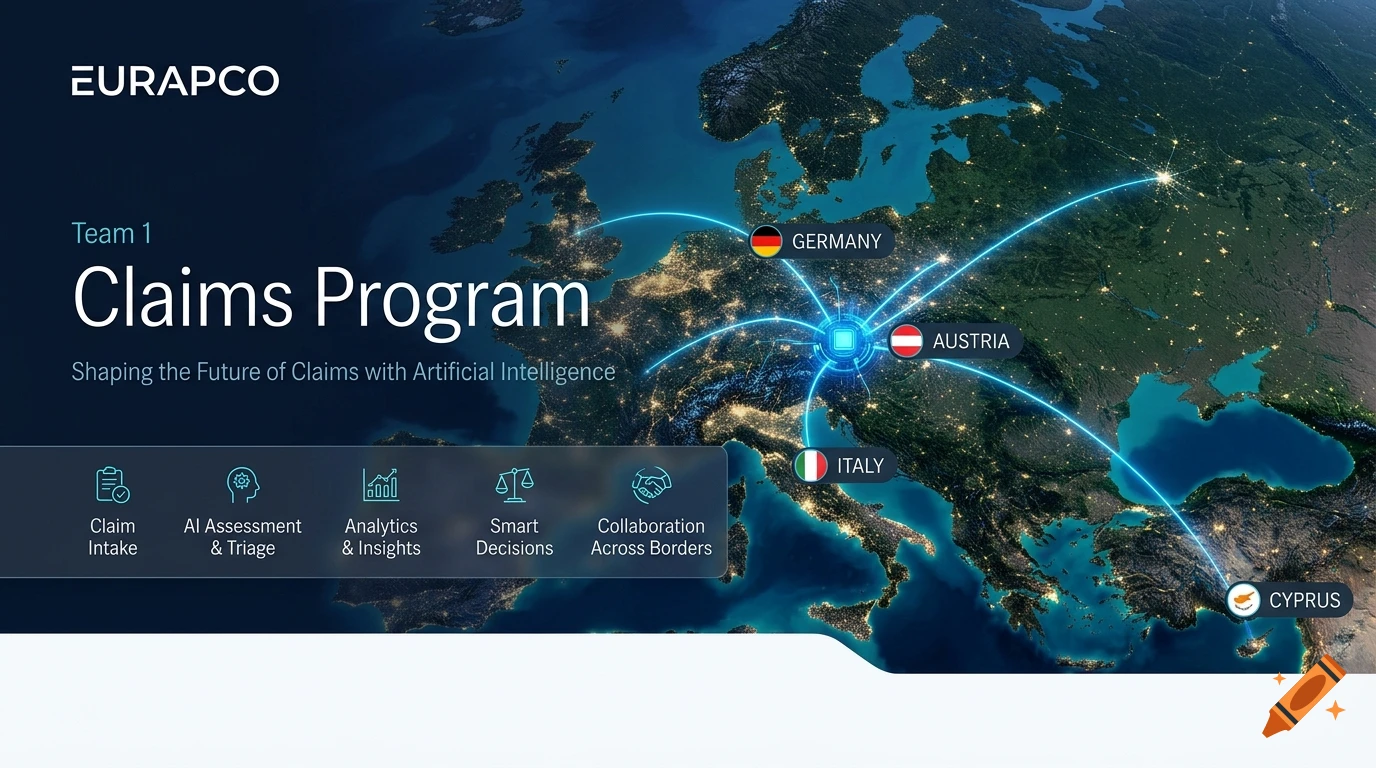 Executive PowerPoint slide featuring a satellite view of Europe with digital network overlays, country markers, and business icons.