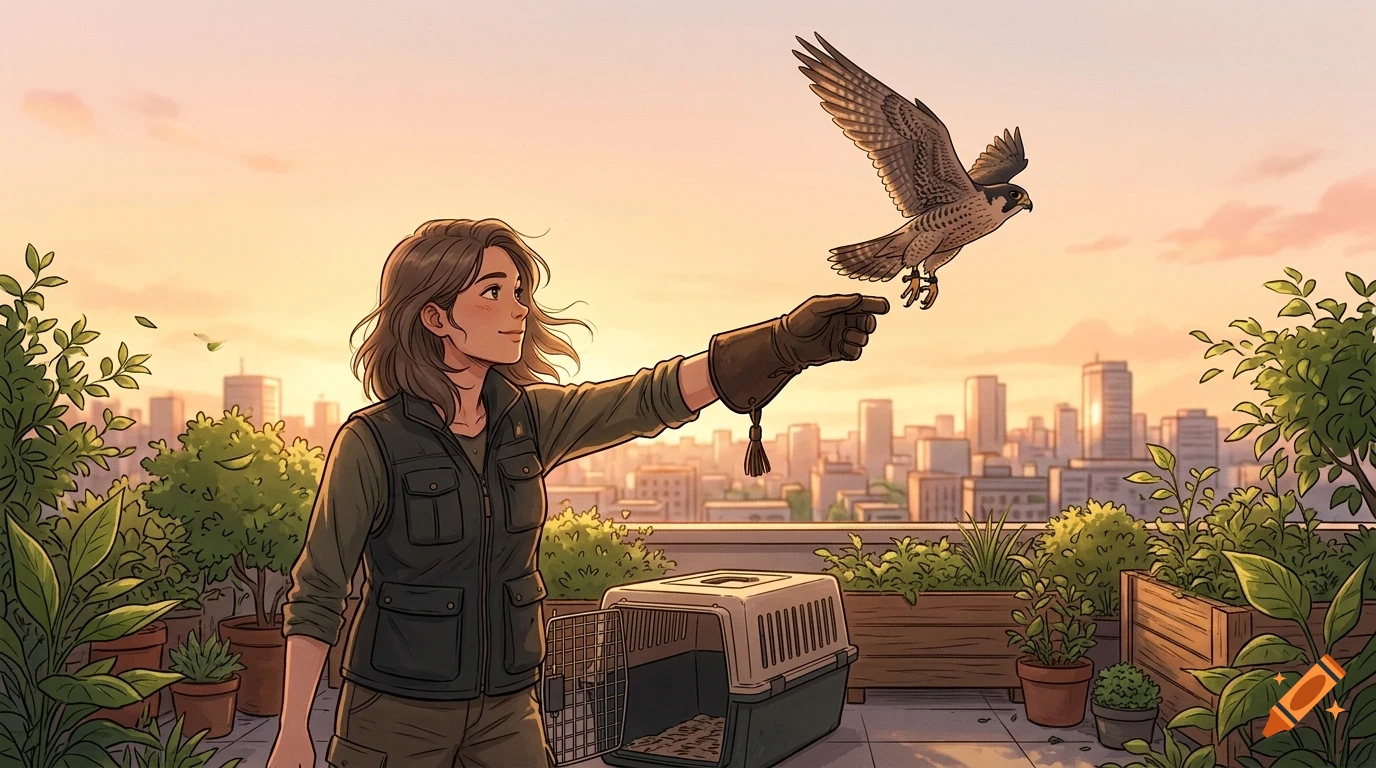 An illustrated young woman wearing a falconry glove releases a falcon on a rooftop garden overlooking a city skyline at sunset.