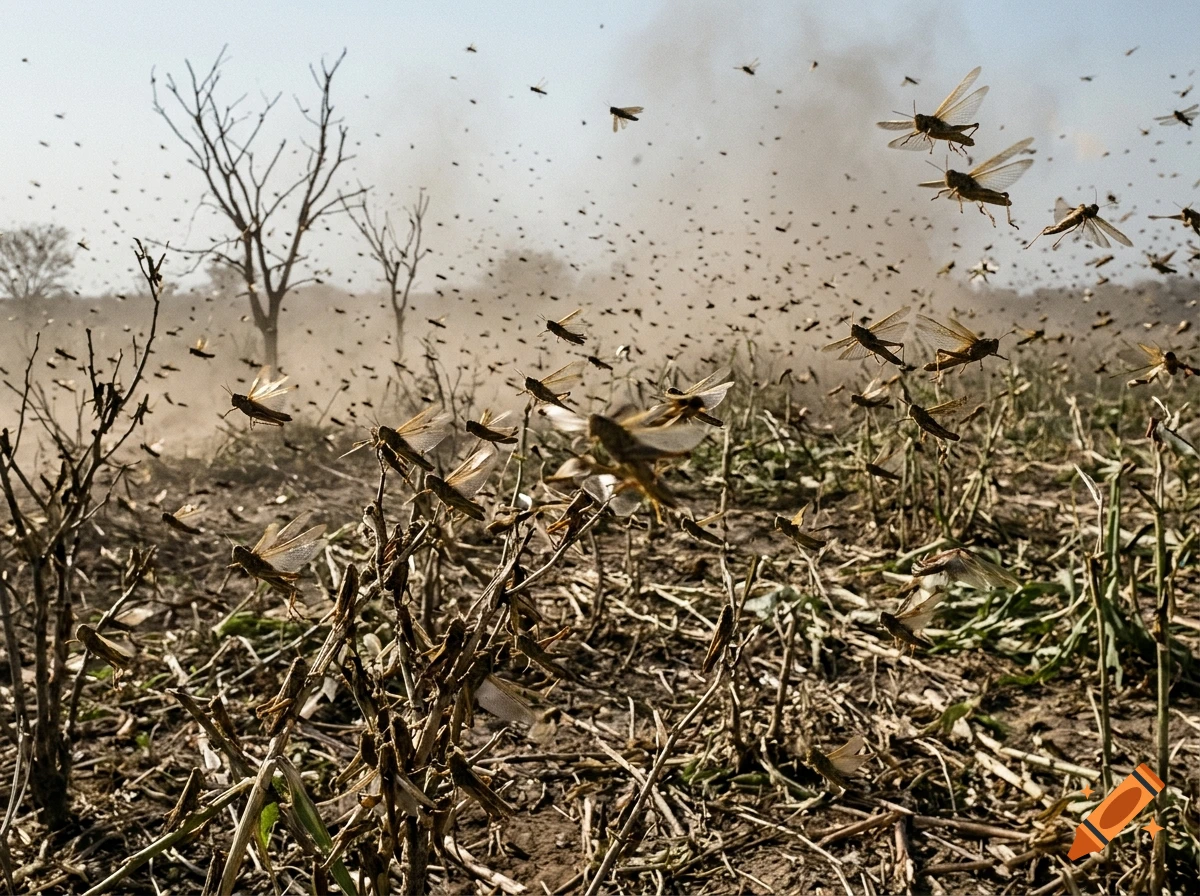 Photorealistic swarm of locusts devouring a barren field and leafless trees.