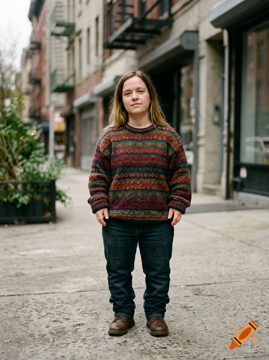 Full-body photograph of a person with blonde hair wearing a colorful patterned sweater, dark jeans, and boots on a city sidewalk.