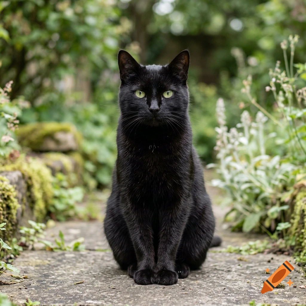 Photorealistic black cat with green eyes sitting on a stone path in a garden.