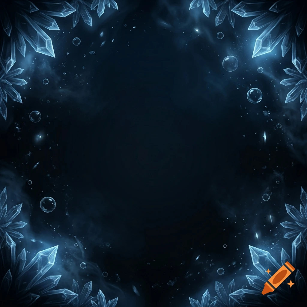 A dark fantasy background with glowing blue ice crystals and translucent bubbles framing a central clear space.