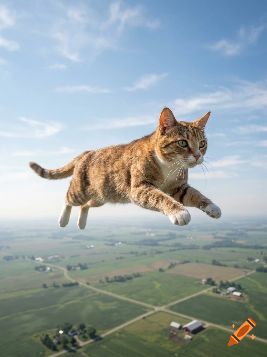 Photorealistic image of a ginger tabby cat flying through the air above a green rural landscape with fields and a cloudy blue sky.