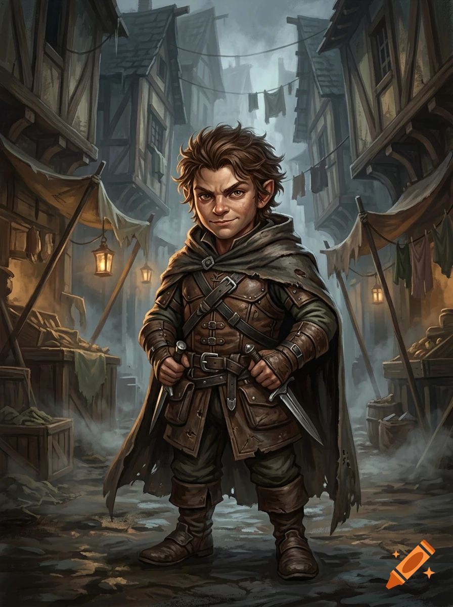 Digital painting of a male halfling rogue with brown messy hair, leather armor, and holding daggers in a fantasy alleyway.