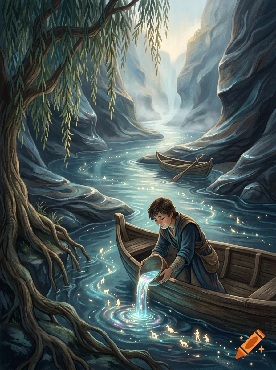 A young person in a wooden boat pours glowing water into a winding river flanked by rocky cliffs and a willow tree, creating magical light ripples.