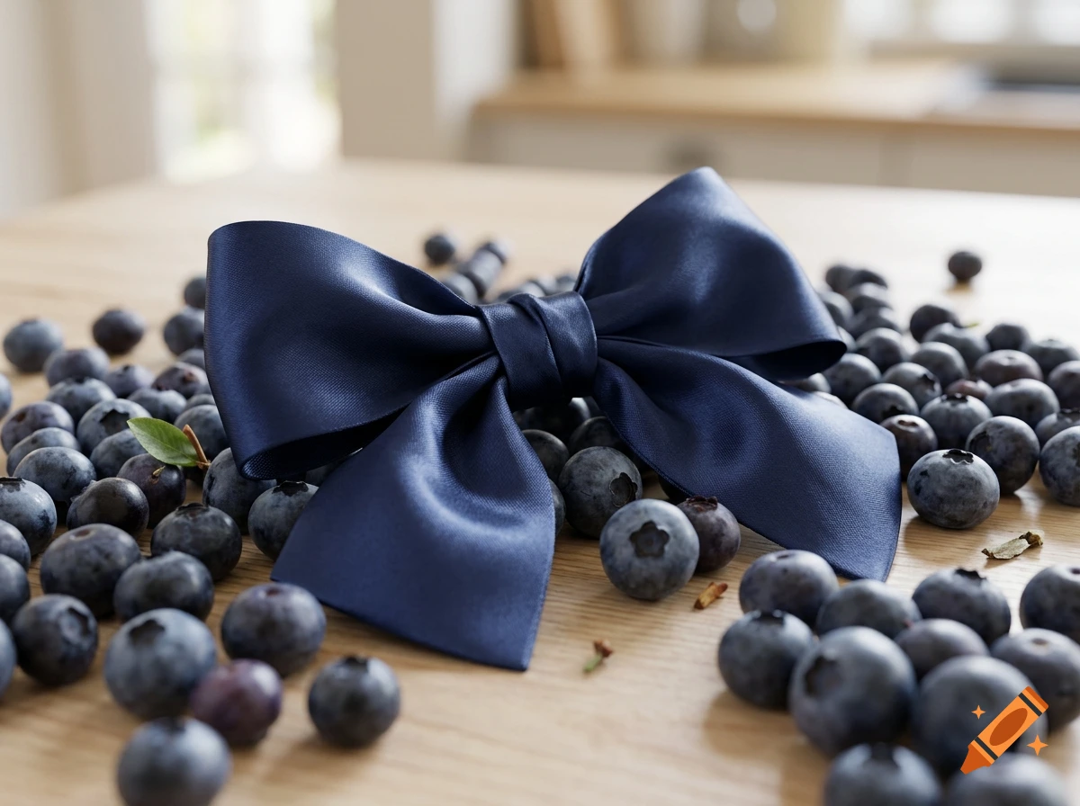 A dark blue satin ribbon bow resting on a wooden surface surrounded by fresh blueberries, photorealistic.
