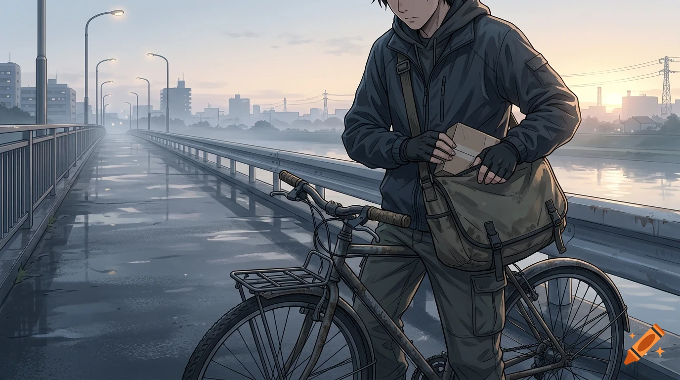 An anime-style illustration of a person with a bicycle and messenger bag on a misty bridge at dawn.