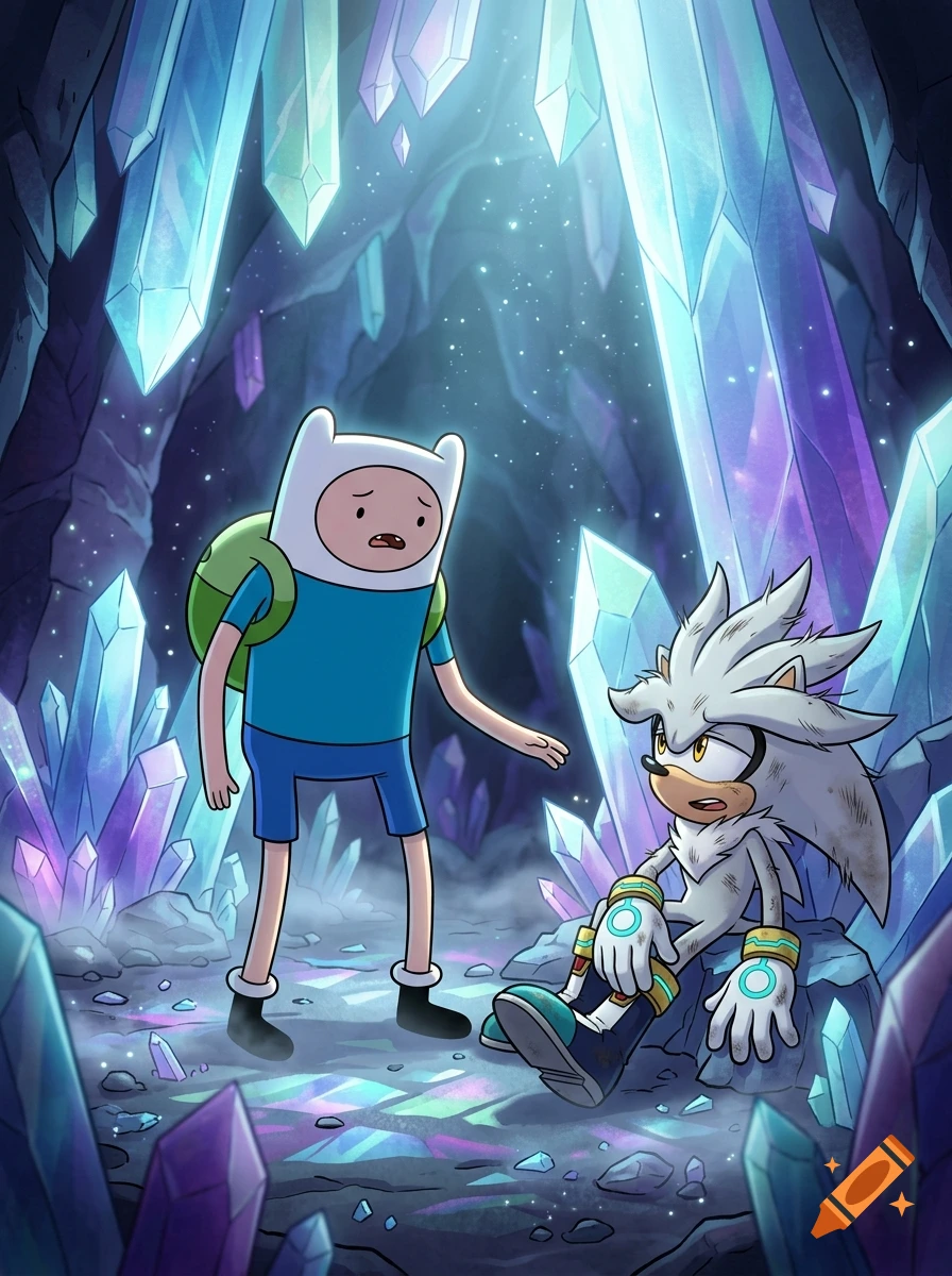 Finn the Human from Adventure Time standing in a glowing crystal cavern, looking down at a disheveled Silver the Hedgehog sitting on a rock.