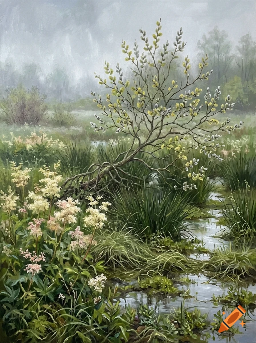 An oil painting of a misty wetland scene with a small pussy willow tree, lush grasses, blooming wildflowers, and a shallow stream.