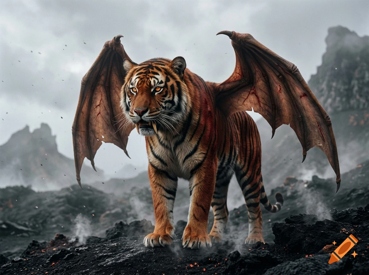 A photorealistic demon tiger with large bat-like wings standing on a dark volcanic rock landscape under an overcast sky.