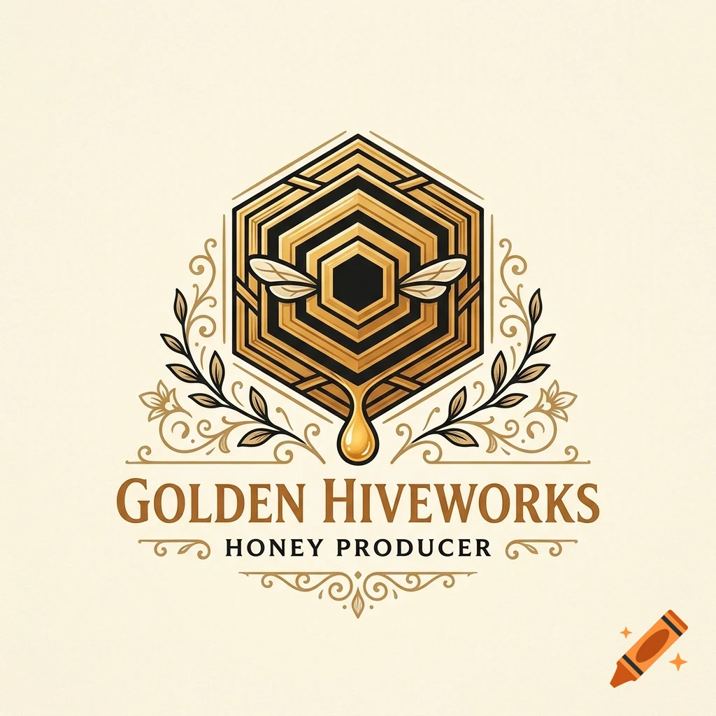 A golden logo featuring a stylized hexagonal honeycomb with wings and a honey drop, flanked by decorative floral leaves, with the text Golden Hiveworks Honey Producer below.