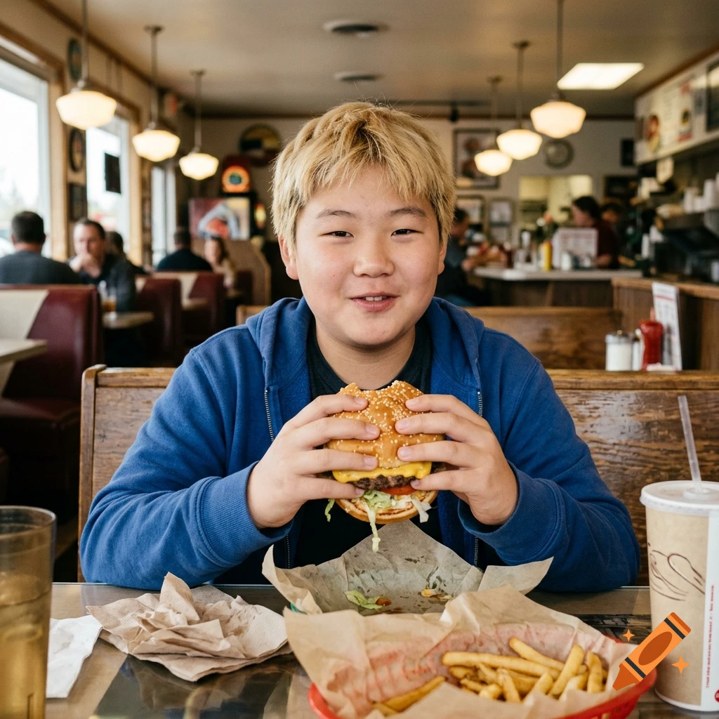 Photorealistic image of a young blond boy eating a cheeseburger and french fries in a diner.