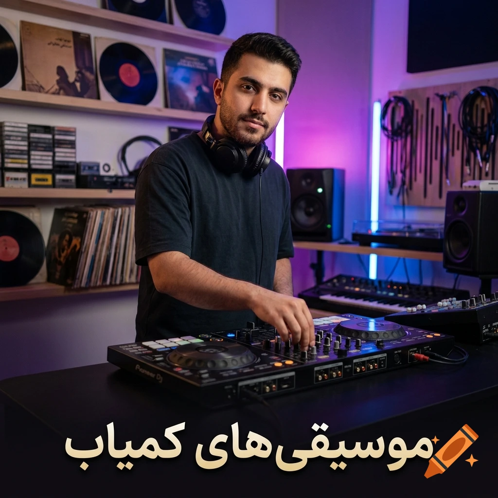 A photorealistic medium shot of a male DJ with headphones around his neck, smiling while mixing tracks on a DJ controller in a studio with vinyl records in the background and Persian text at the bottom.