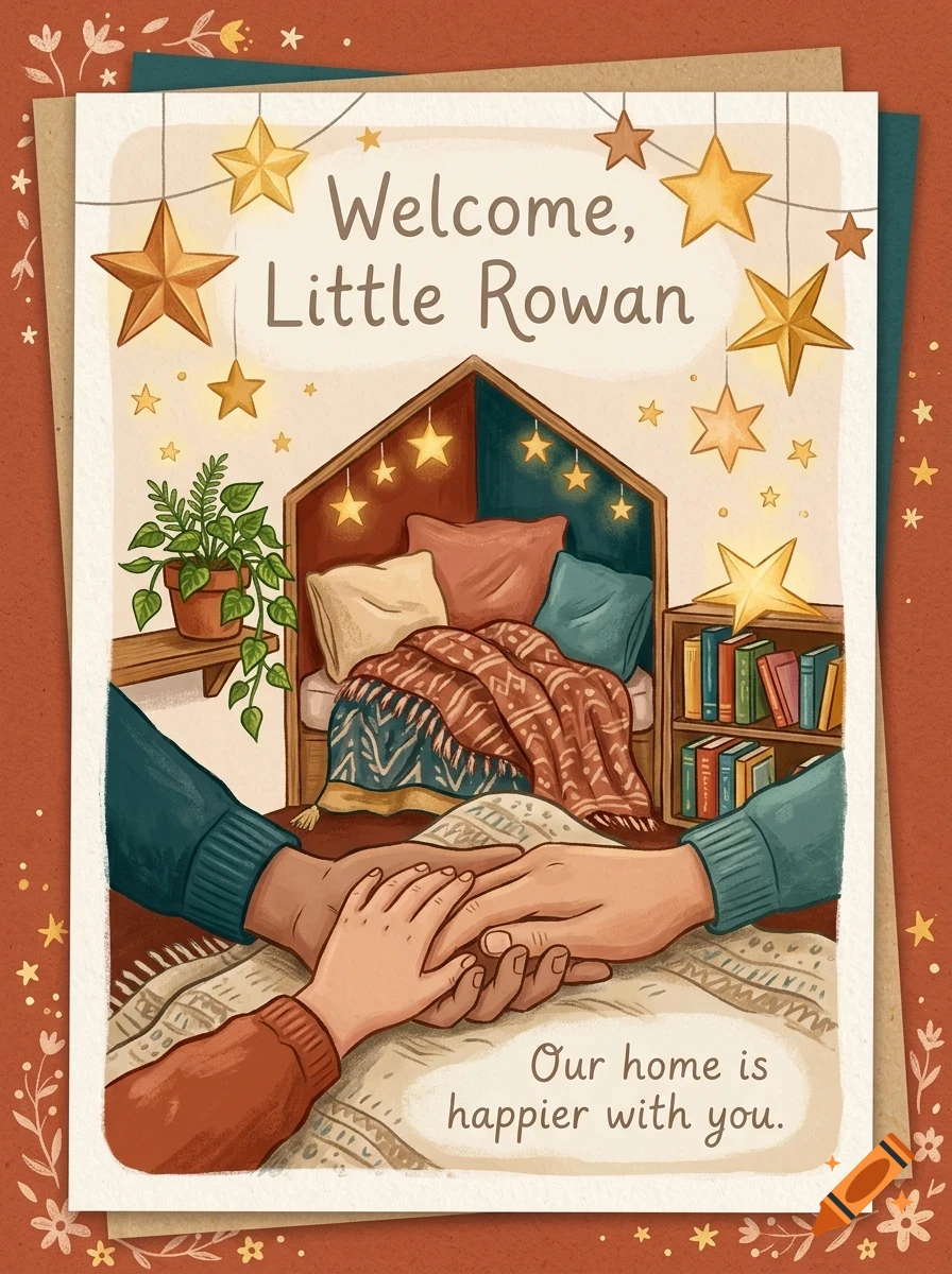 An illustrated greeting card featuring hands holding together in the foreground, with the text 'Welcome, Little Rowan' at the top and 'Our home is happier with you.' at the bottom, against a cozy nursery background with hanging star decorations.