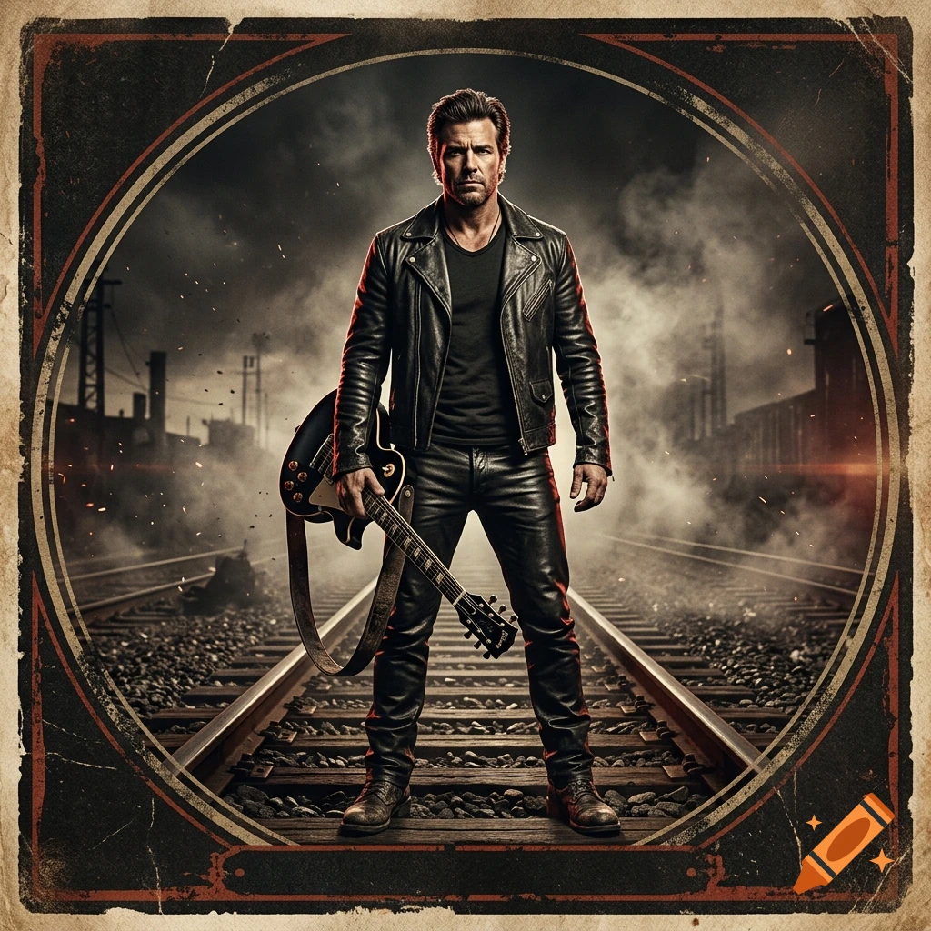 A man in a black leather jacket and pants standing on railroad tracks holding a Gibson Les Paul guitar, vintage rock album cover style.