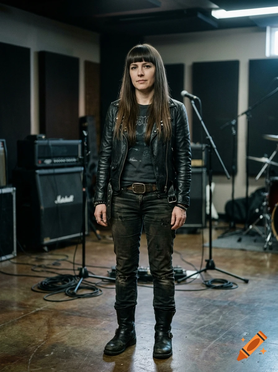 Full-length photorealistic portrait of a woman with long brown hair and bangs, wearing a black leather jacket and jeans in a music recording studio.