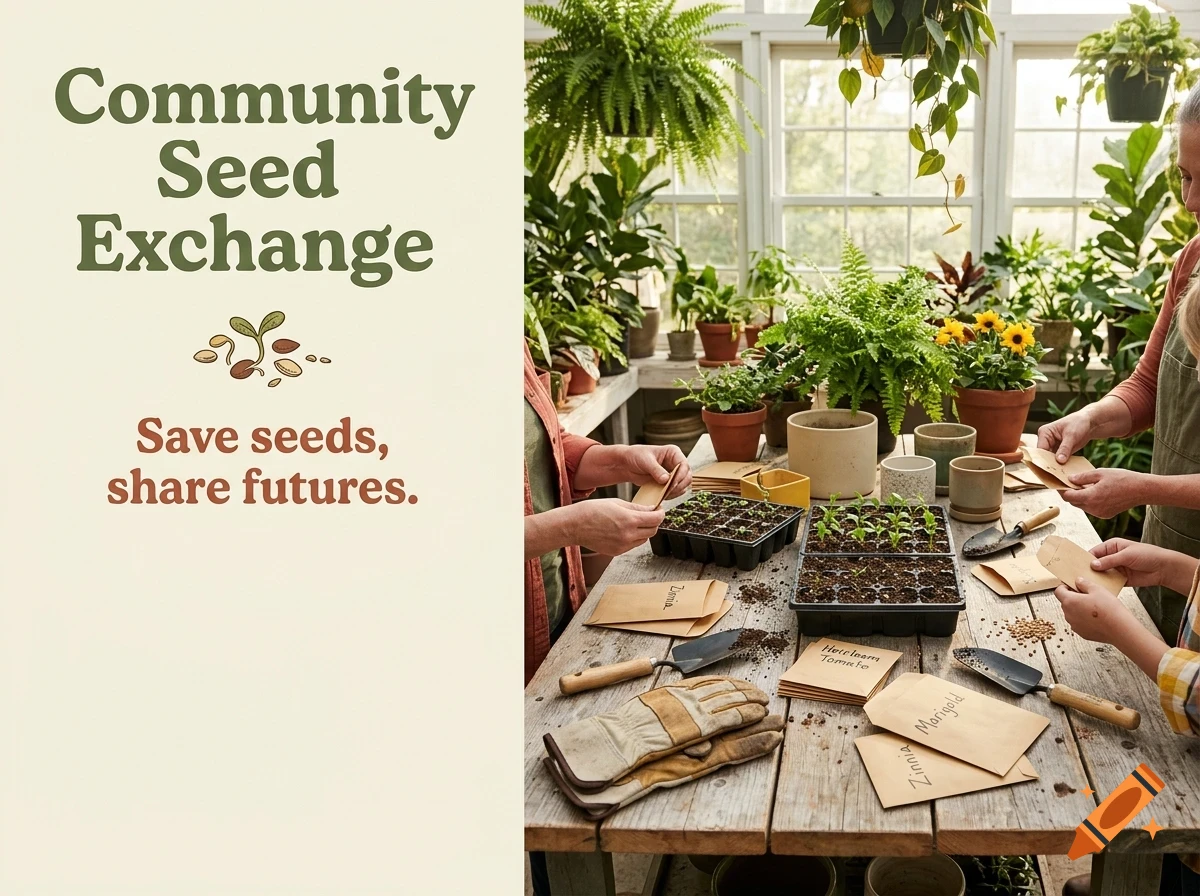 People gardening together in a greenhouse with seed packets on a table and lettering on the left reading Community Seed Exchange.