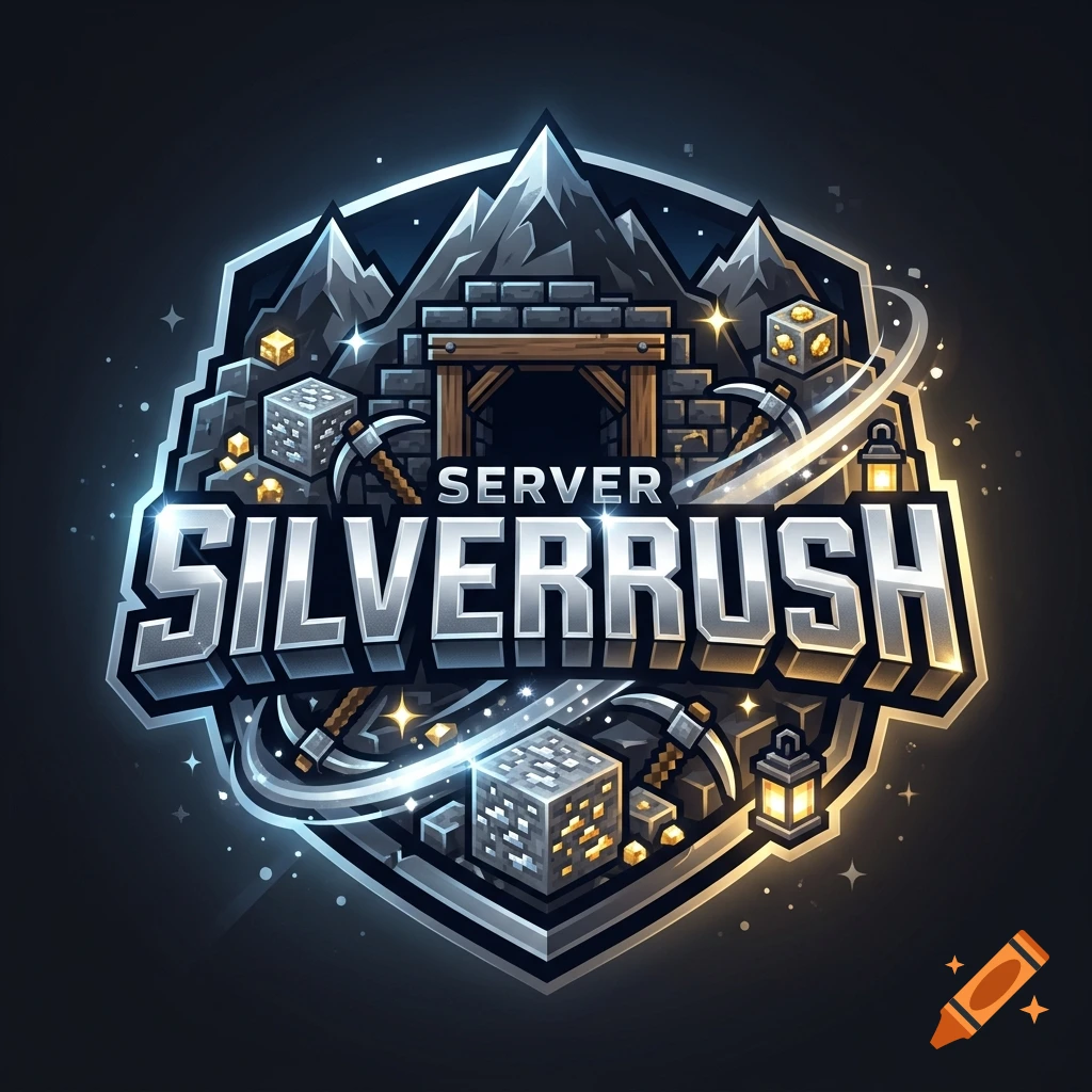 Minecraft server logo featuring a mountain mine with pickaxes, ore blocks, and the text 'SERVER SILVERRUSH'.