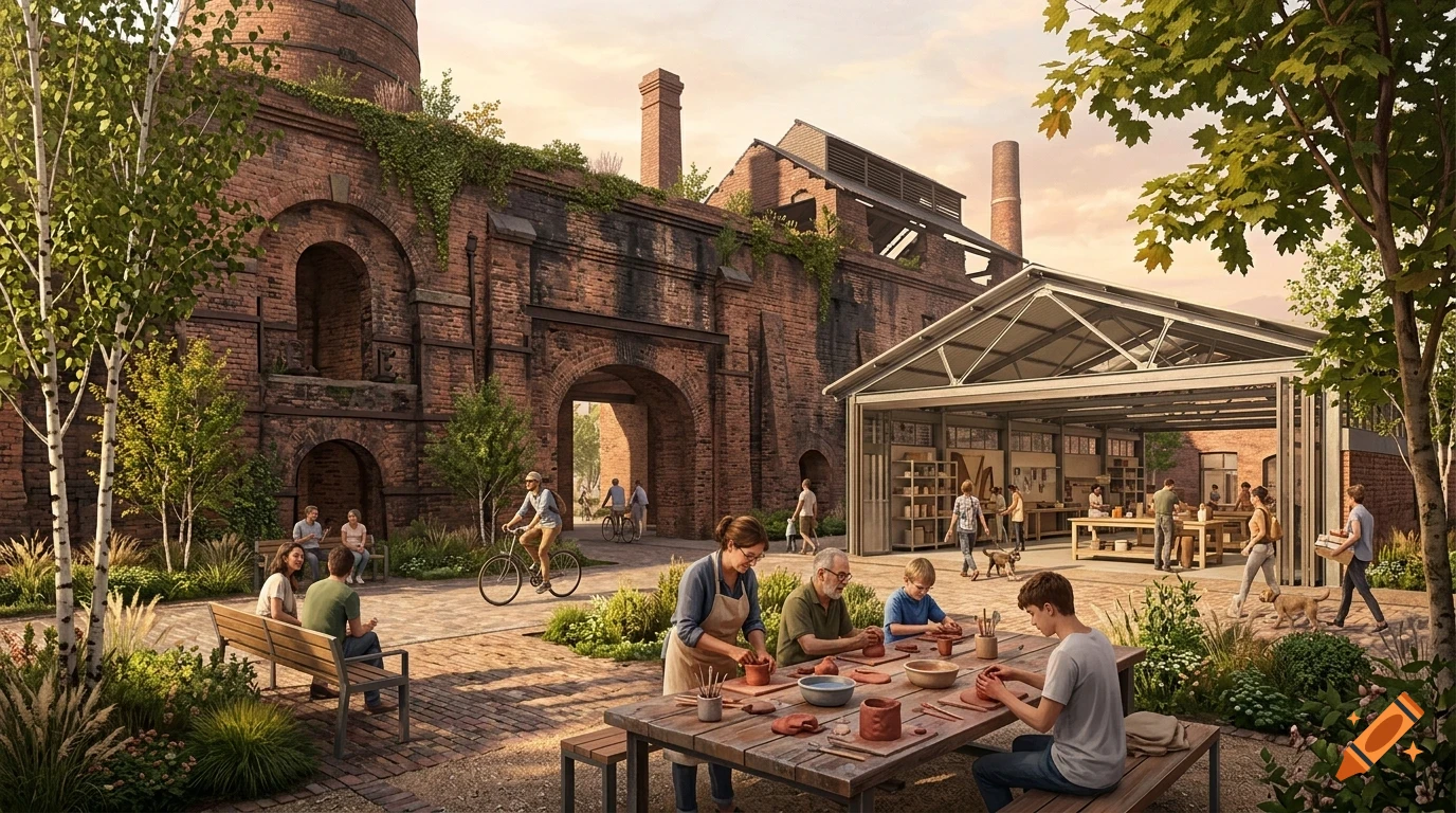 People doing pottery outdoors in a historic brick courtyard with a modern workshop structure and trees.