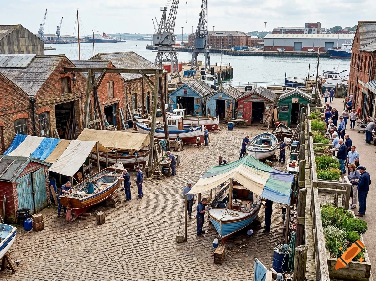 An elevated view of a historic boatyard with workers maintaining wooden boats, surrounded by brick buildings, sheds, and cranes near a harbor.