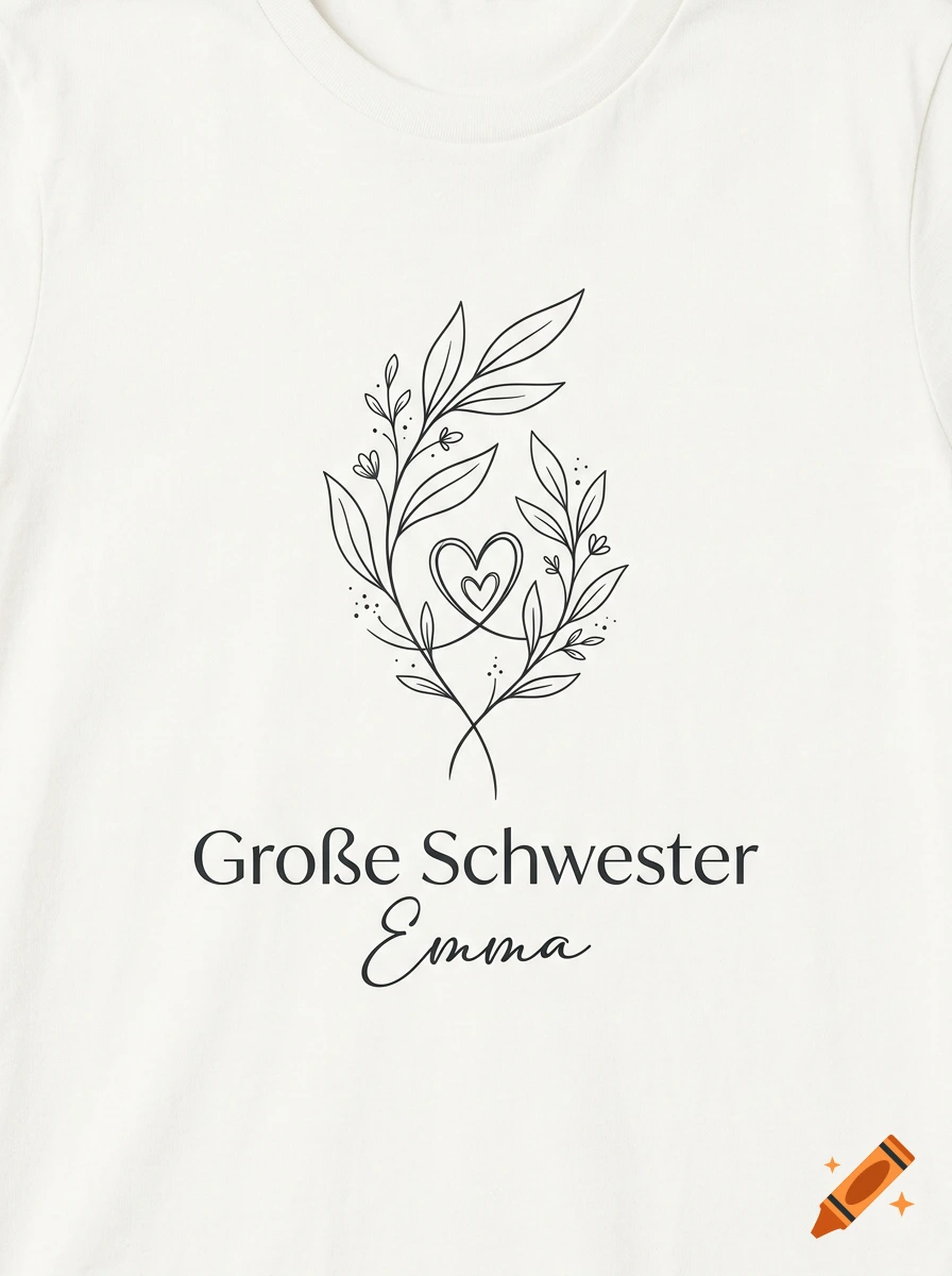 Close-up of a white t-shirt featuring a minimalist fineline botanical illustration and the text 'Große Schwester Emma'.