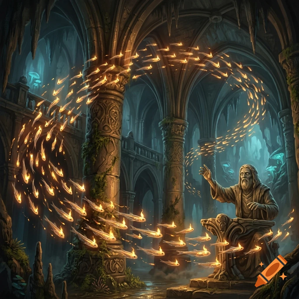 An elderly bearded man in robes stands inside a stone cavern with arches, gesturing as a glowing stream of small fish or light forms a swirling arc around him.