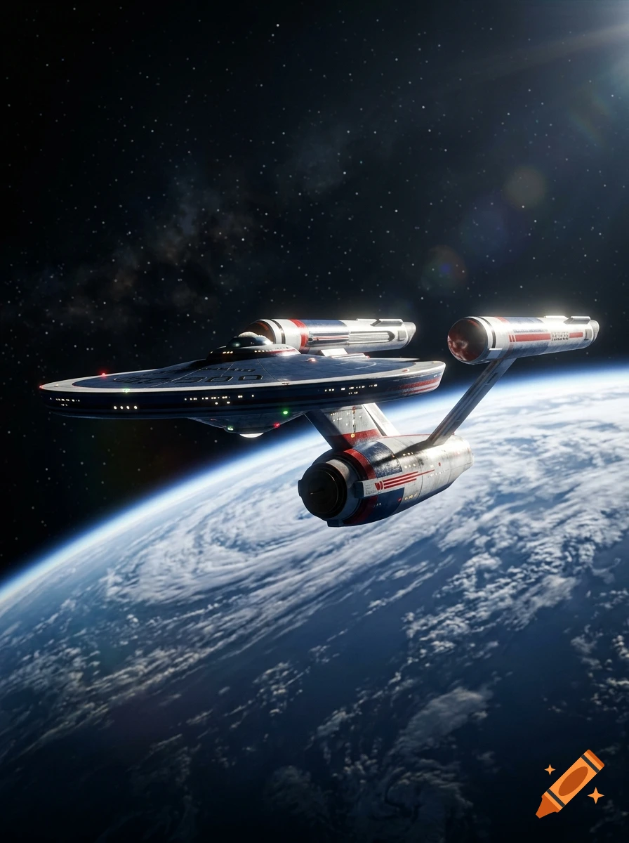 Photorealistic image of a Constitution-class starship with a patriotic American paint job flying in orbit above Earth.