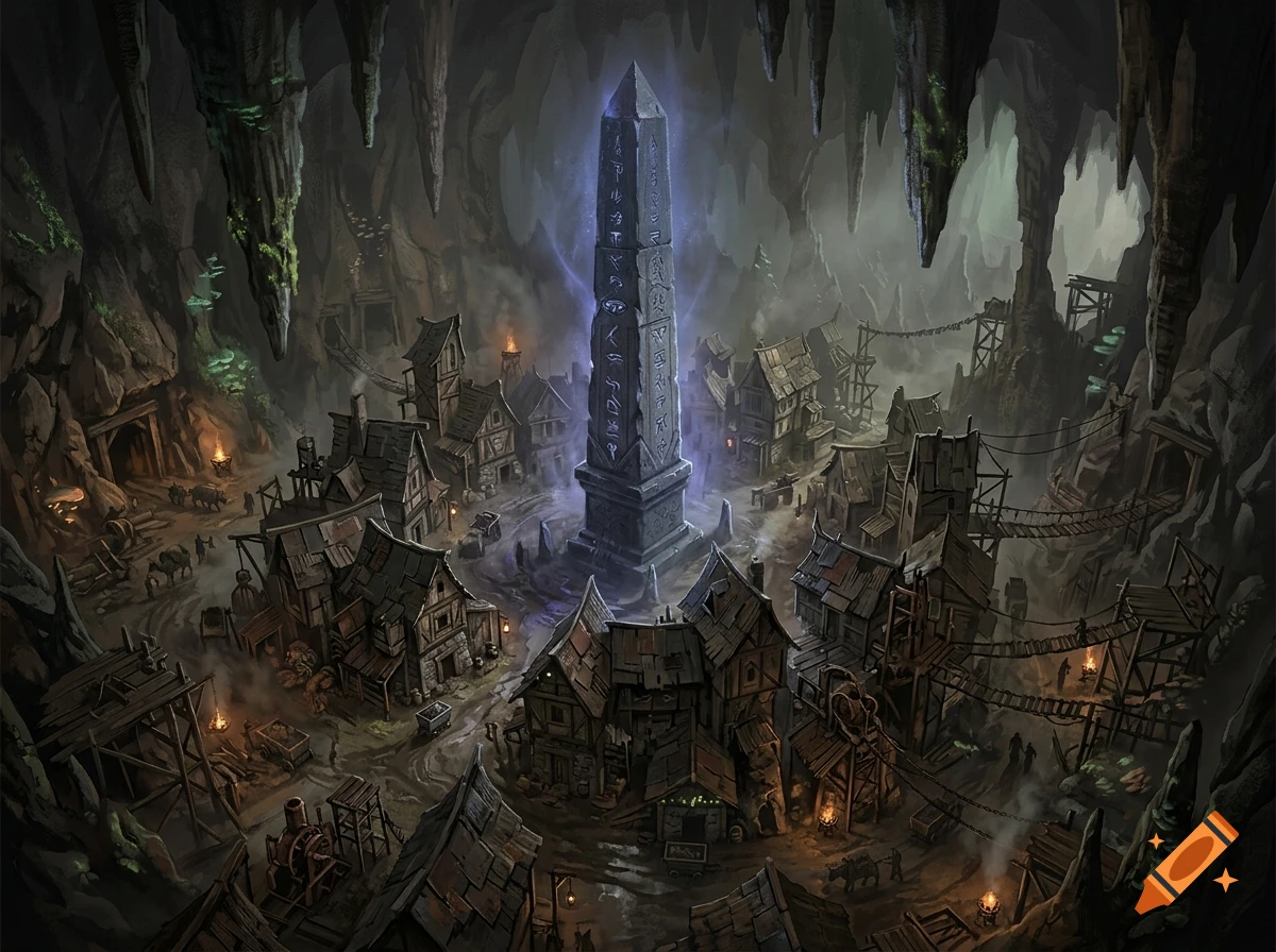 High-angle fantasy digital painting of a mining town in an Underdark cave built around a glowing magical obelisk.