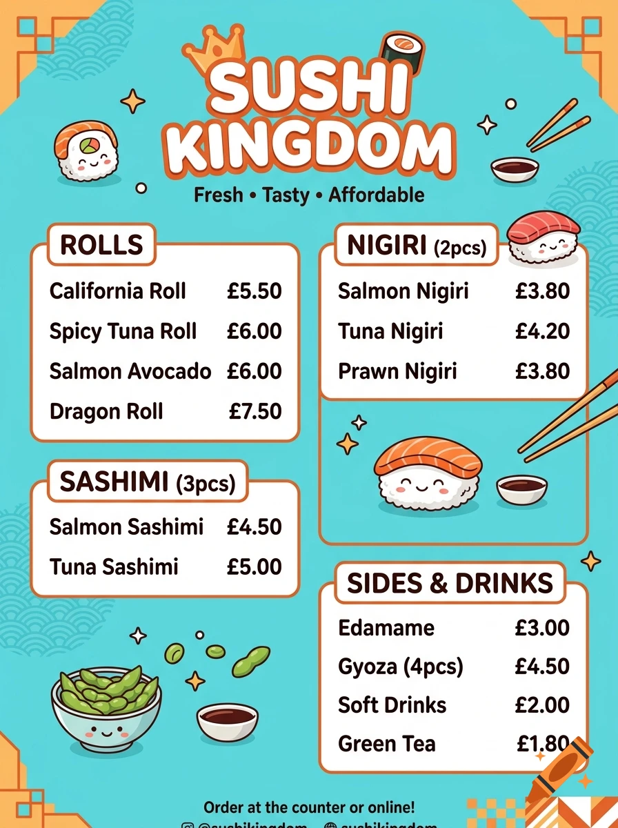 Colorful and cute cartoon-style sushi restaurant menu with aqua and orange theme, featuring prices and adorable sushi characters.