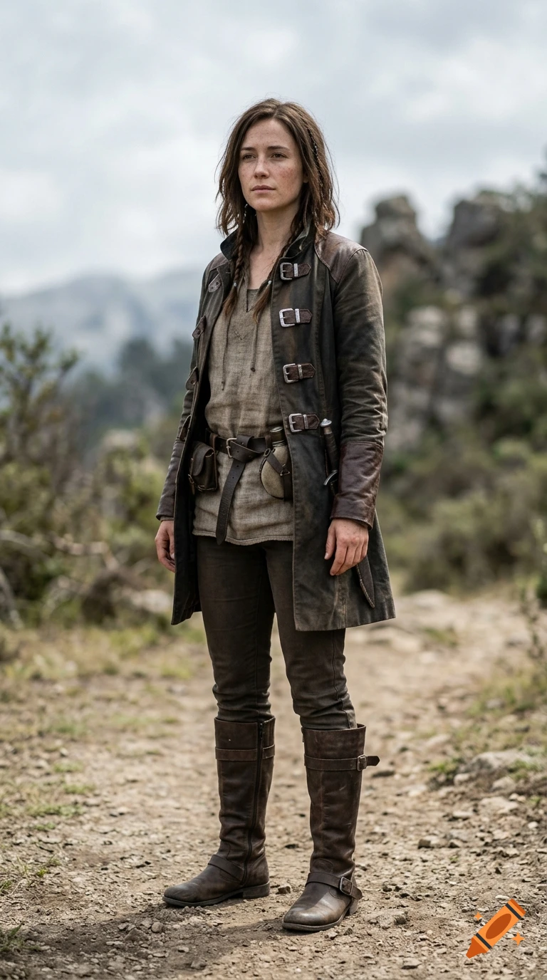 Full-length photorealistic portrait of a female fantasy adventurer wearing leather armor, a jacket, and tall boots on a dirt path.