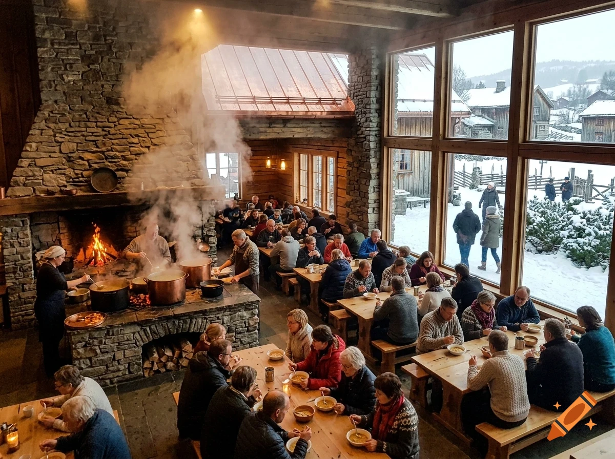 Many people eating soup in a large wooden lodge with a stone fireplace and large snowy windows.