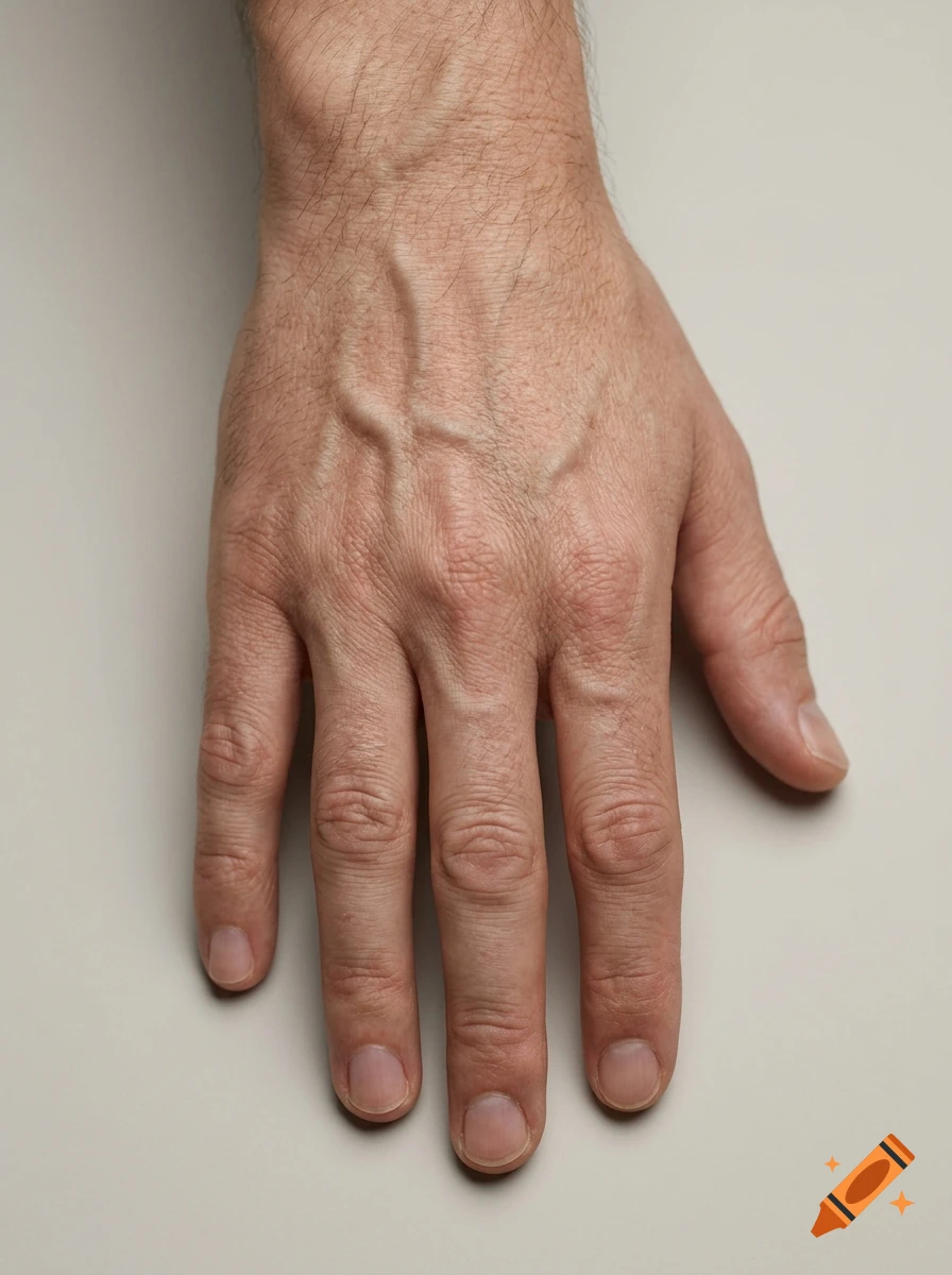 Close-up photograph of the back of a human hand resting on a neutral surface, showing detailed skin texture and veins.