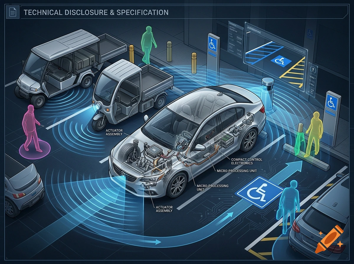 Technical illustration of an autonomous vehicle parking system with sensor waves and overlaid labels.