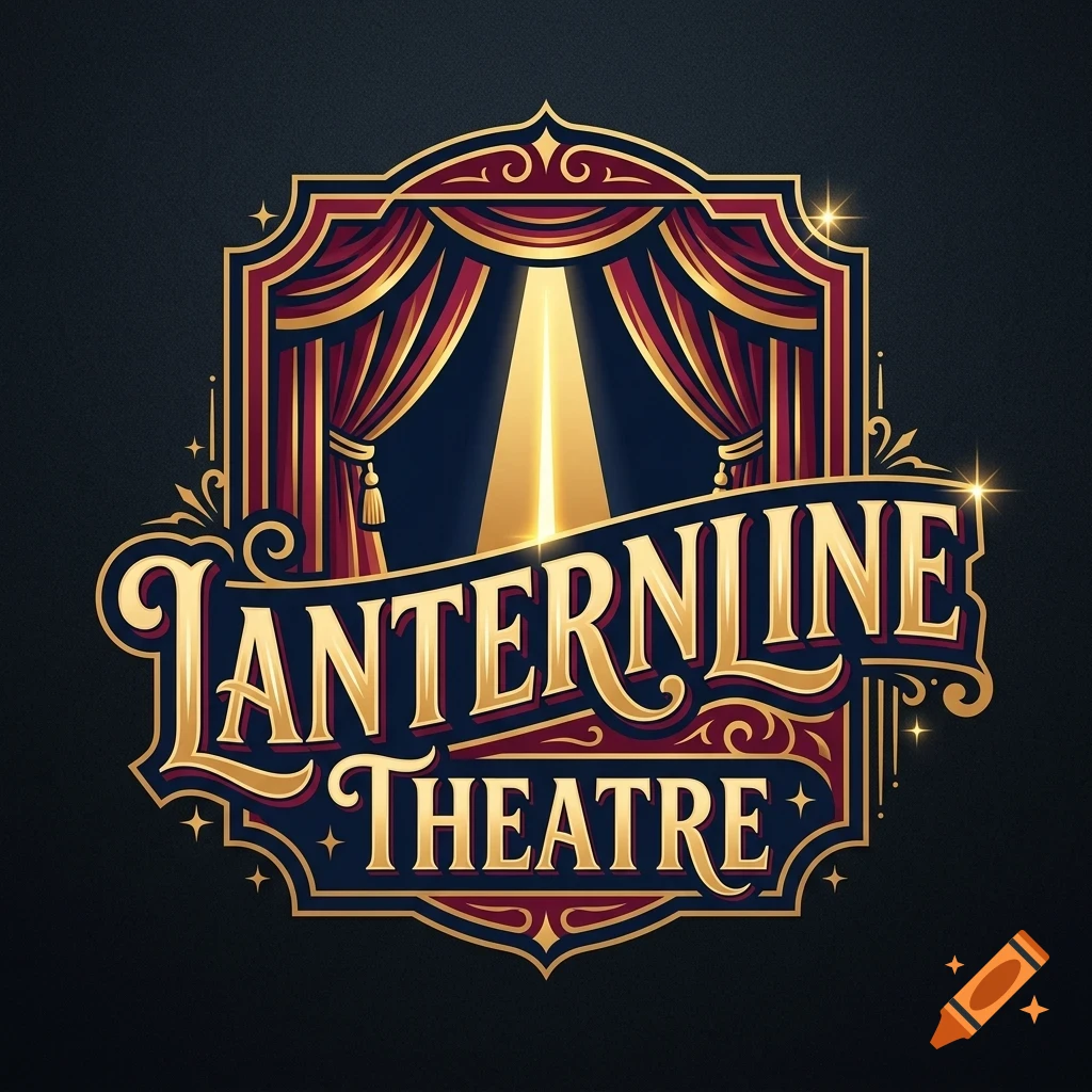 An ornate theatrical logo with red and gold stage curtains, a spotlight beam, and the text LANTERNLINE THEATRE.