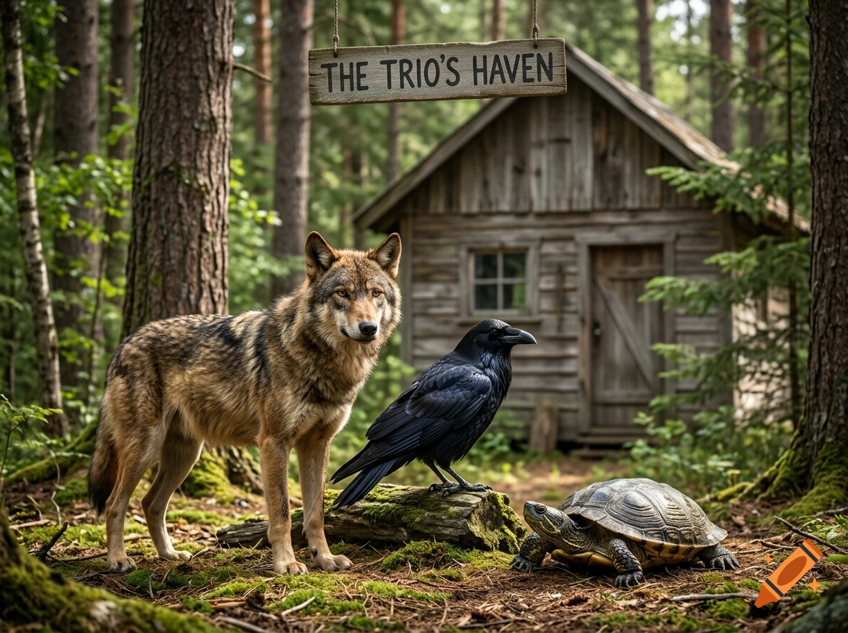 A photorealistic image of a wolf, a raven, and a turtle in a forest in front of a wooden cabin with a sign.