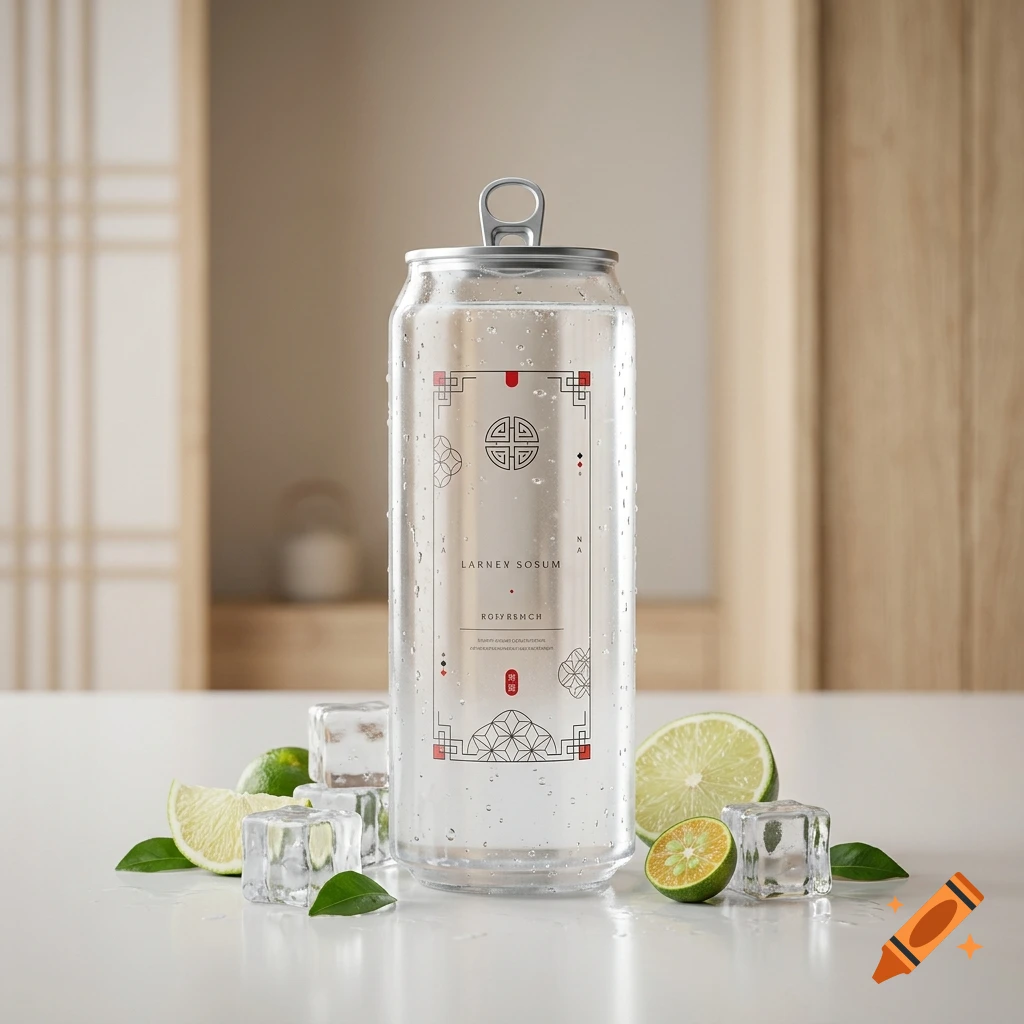 Photorealistic transparent can of refreshing drink surrounded by ice cubes and sliced limes on a white surface.